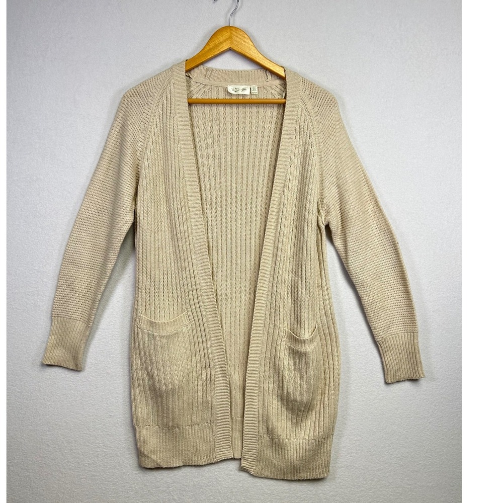 RD Style Women Beige Ribbed Long Sleeve Cardigan Sweater Elbow Patches Size XSโ
